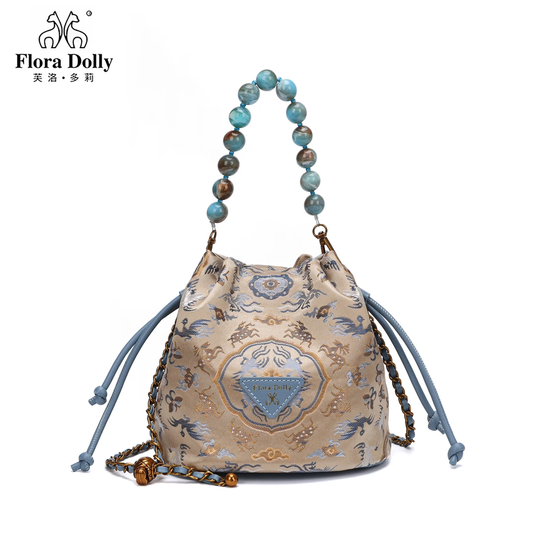 Flora Dolly印花单肩休闲女士斜跨潮流珠串手拎水桶包包 8050