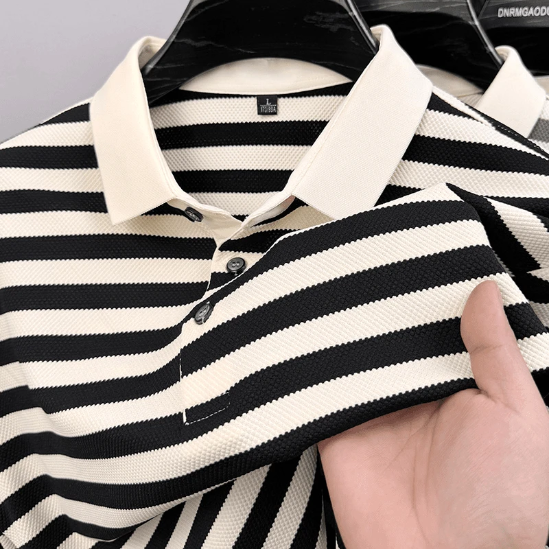 秋季新款男士条纹长袖T恤爆款翻领polo衫简约百搭大码上衣打底衫