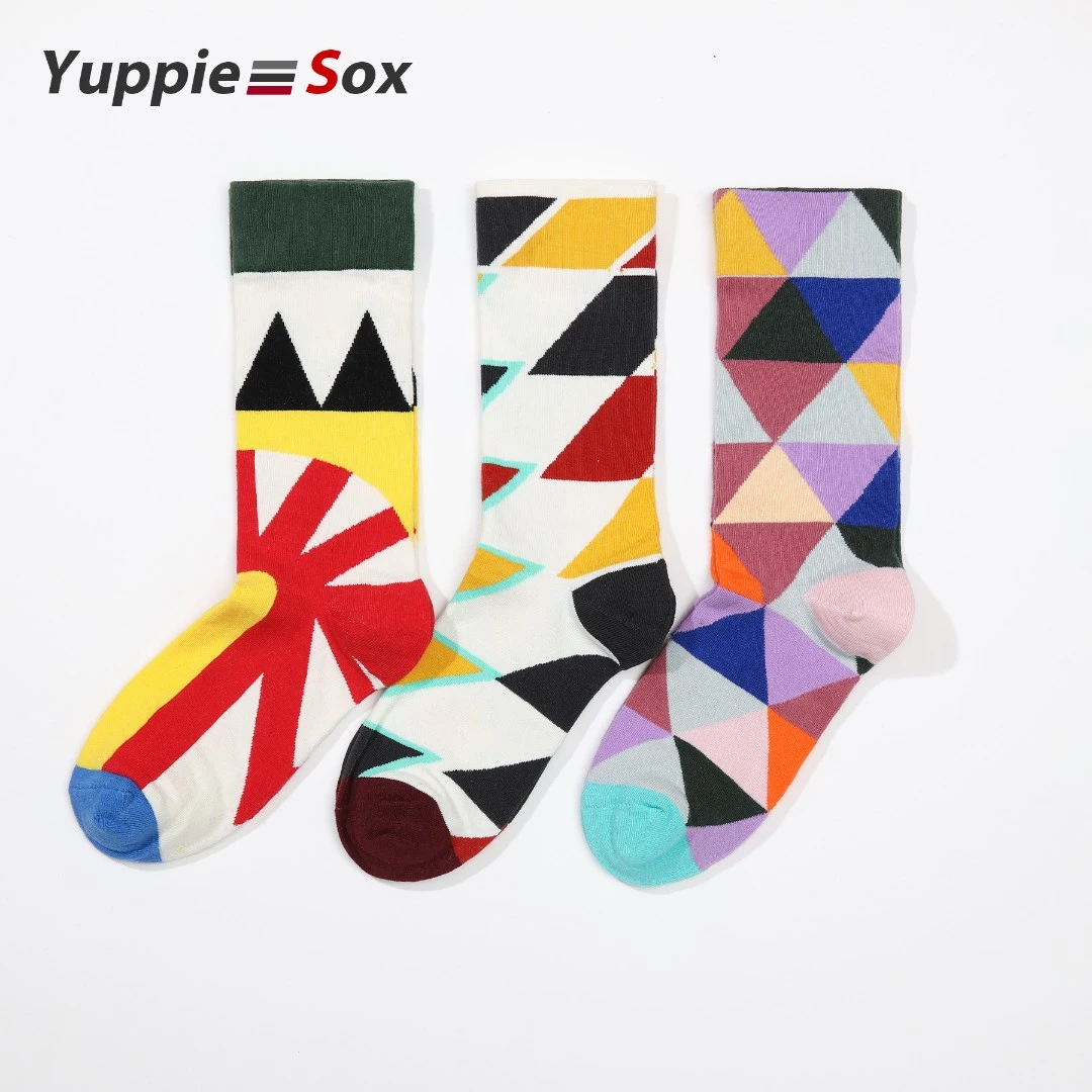 【三双装】yuppiesox精梳棉撞色拼接格子中筒女袜潮袜子街头ins风