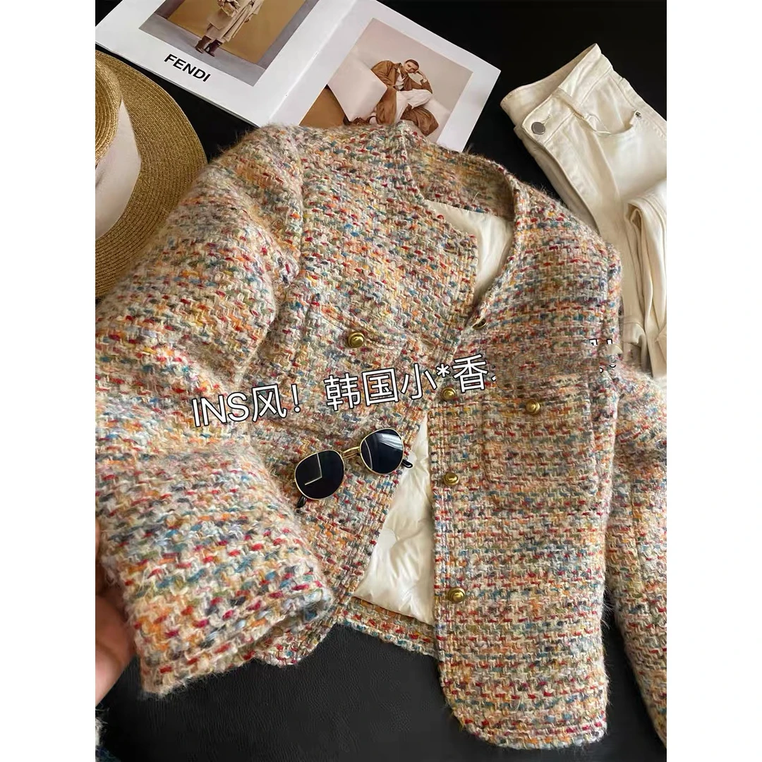 彩色粗花呢小香风女2024春秋冬新款法式气质名媛加厚短款外套