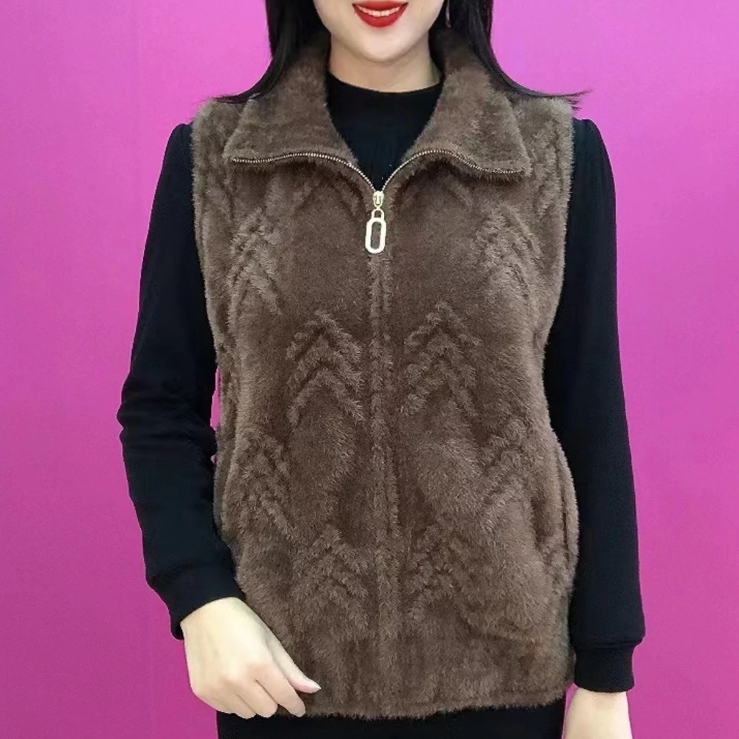 新款水貂绒马甲中年妈妈坎肩外套2024秋冬款宽松双兜保暖外搭女装