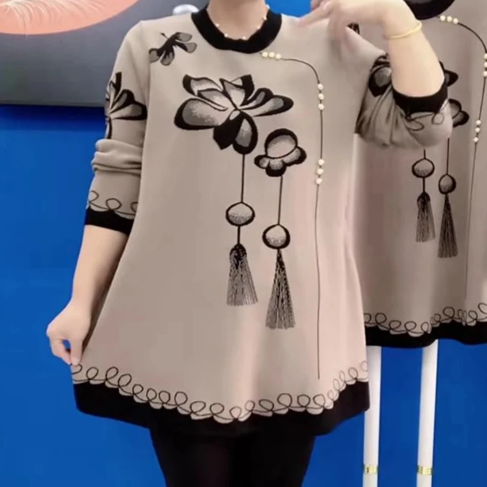 秋冬款国风花色毛衣针织衫2024新款宽松显瘦百搭减龄大码打底衫女