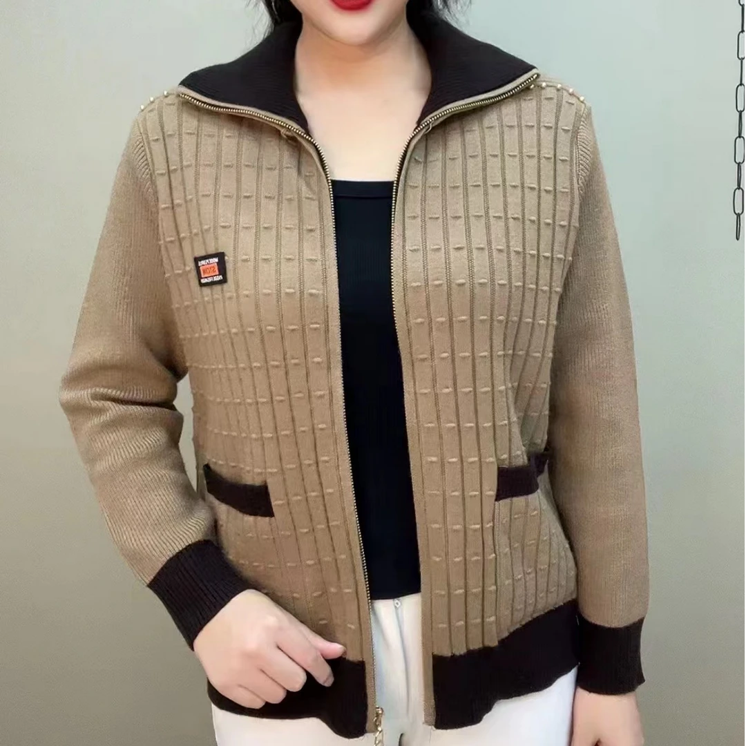 秋冬新款时尚翻领拼色休闲拉链开衫外套中老年妈妈长袖毛衣针织衫