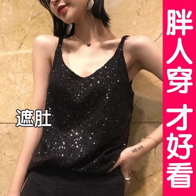 大码亮片夏季黑色吊带背心女胖mm外穿宽松性感内搭无袖上衣胖mm
