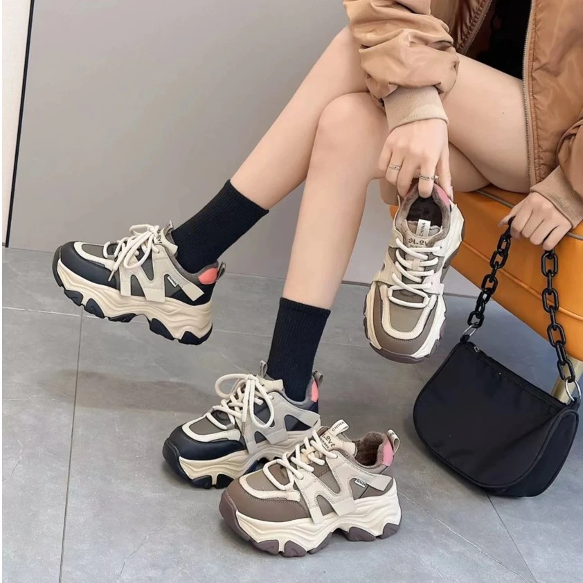 【咖啡屋】网红老爹鞋女鞋2024百搭拼色时尚ins潮流厚底加绒882