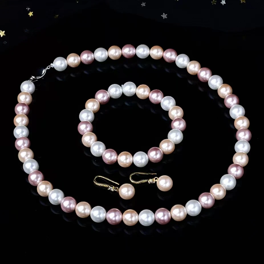 项链 套装款糖果色10mm贝珠SS项链手链耳饰三件