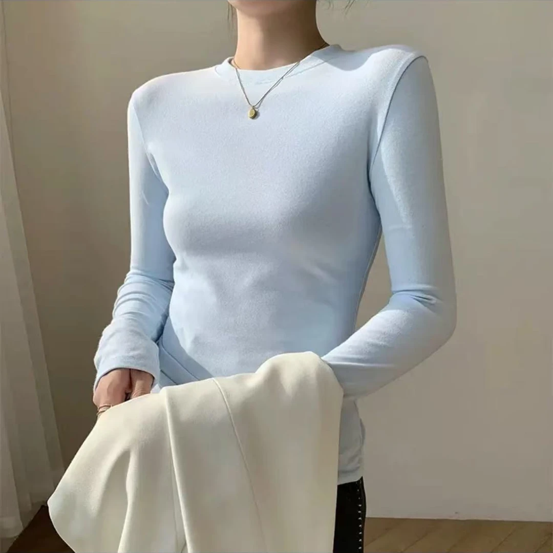 正肩T恤女长袖2024春秋季内搭打底衫修身显瘦上衣小圆领白色时尚