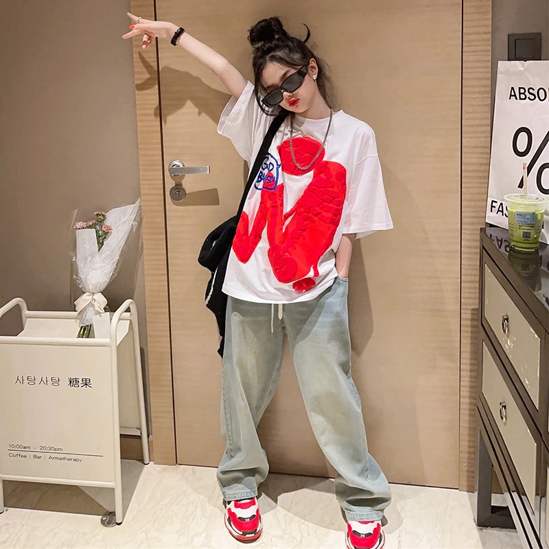 【酷哒仔】女童宽松长袖T恤2024夏季新款韩版休闲百搭短袖打底衫潮