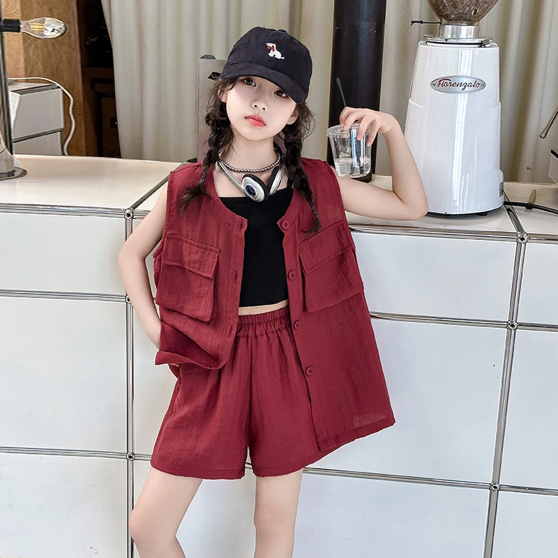 【酷哒仔】女童无袖套装夏2024新款马甲外套短裤女孩时髦洋气两件套