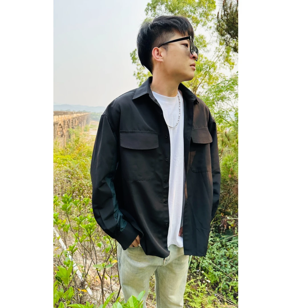 清新简约小众设计双色拼袖长袖男子衬衫百塔款,秋季,舒适户外男款
