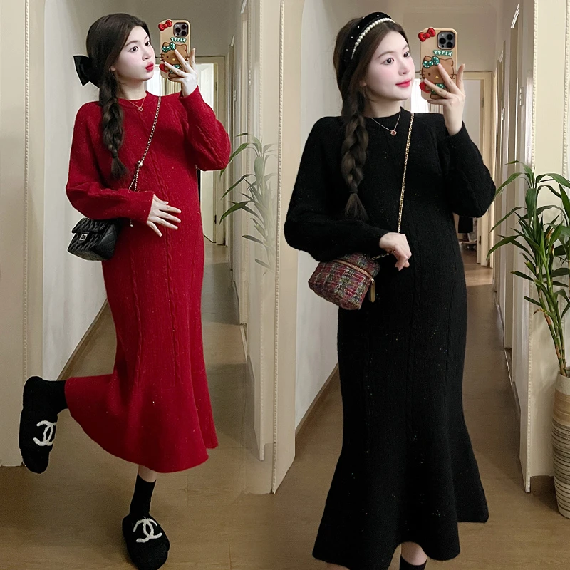【雅美精选】孕妇冬季新款设计感宽松加厚显瘦百搭下摆鱼尾连衣裙