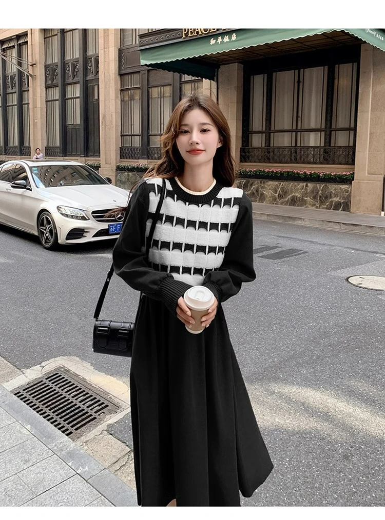 【雅美精选】孕妇冬红色假两件a字裙宽松显瘦气质长裙温柔风连衣裙
