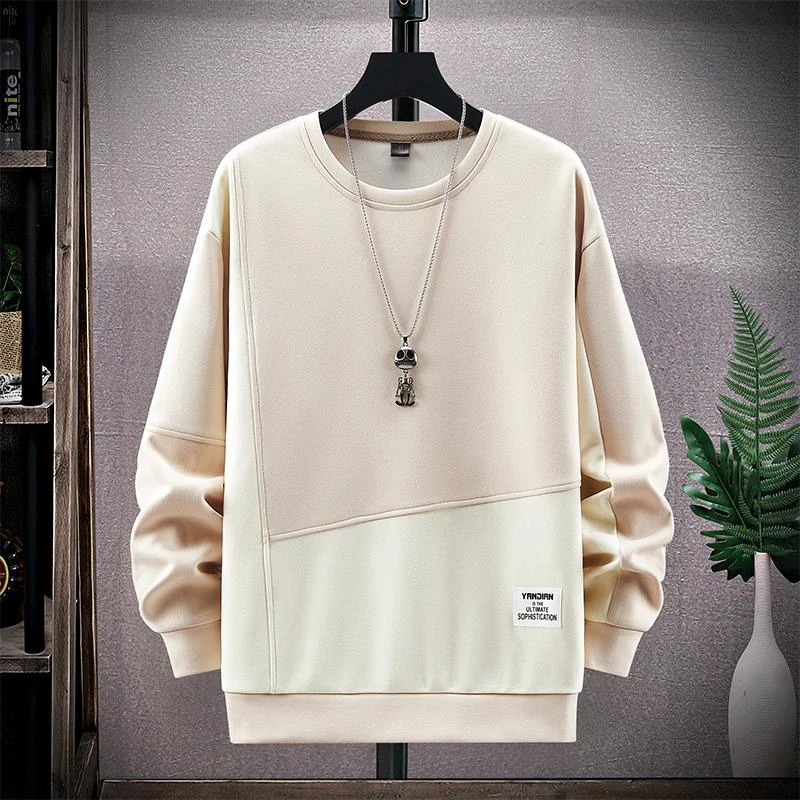 圆领卫衣男士春秋季潮牌宽松撞色拼接套头打底衫潮胖子长袖t恤男