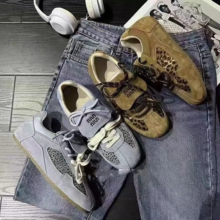2024秋季新款豹纹德训鞋女复古百搭休闲运动板鞋阿甘鞋潮休闲鞋LQ