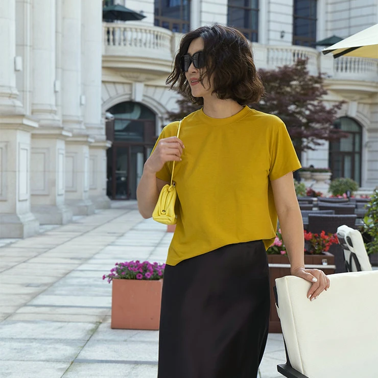 ZZ·DANGDANG 【经典百搭】春夏长绒棉圆领姜黄色印花字母短袖T恤