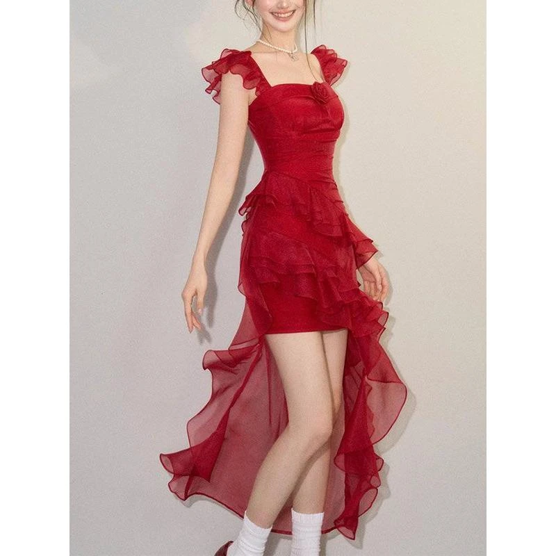 原创法式夏天度假风玫瑰花拖尾吊带连衣裙女小飞袖不规则超仙裙子