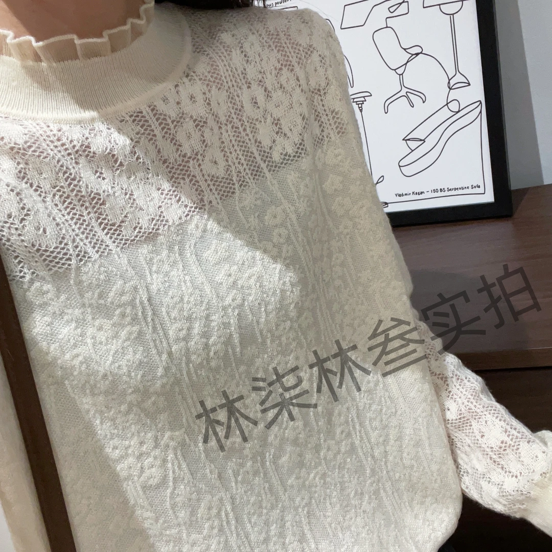 2024秋季新款欧根纱半高领时尚洋气针织打底衫女内搭长袖百搭毛衣