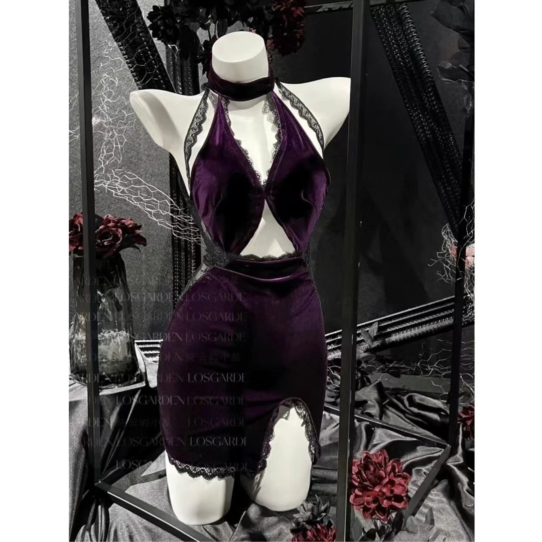 紫色绝美新款性感旗袍纯欲蕾丝免脱显瘦火辣修身御姐连衣裙包臀