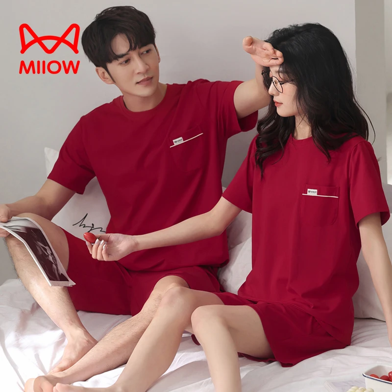 MiiOW/猫人春夏款纯棉新婚情侣款红色圆领宽松短袖家居服套装睡衣
