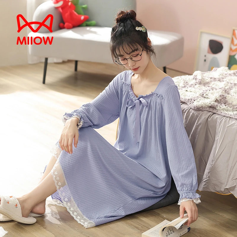 MiiOW/猫人纯棉女款春秋新款纯色长袖家公主居服大码睡衣宽松睡裙