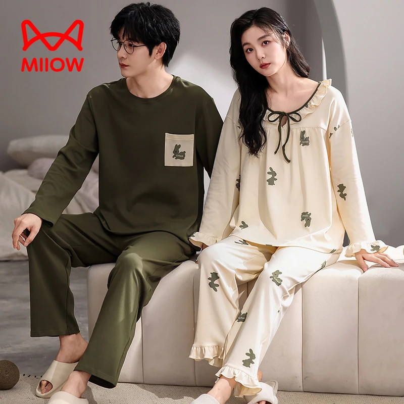 MiiOW/猫人【7A抑菌】秋冬纯棉睡衣女套装宽松情侣休闲长袖睡衣套装