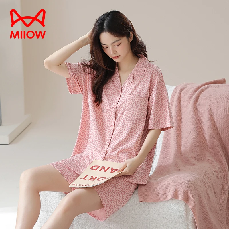 MiiOW/猫人2024春夏大码舒适休闲女士薄款宽松短袖短裤睡衣女套装