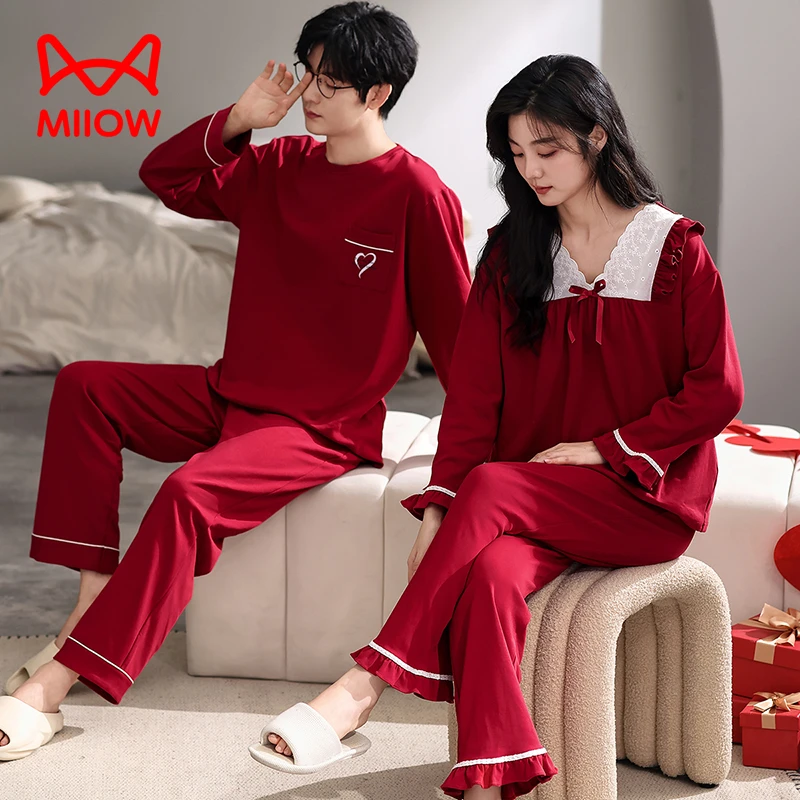 MiiOW/猫人【7A抑菌】秋冬纯棉红色喜庆宽松情侣休闲长袖睡衣套装