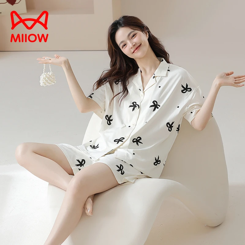 MiiOW/猫人2024春夏大码舒适休闲女士薄款宽松短袖短裤睡衣女套装