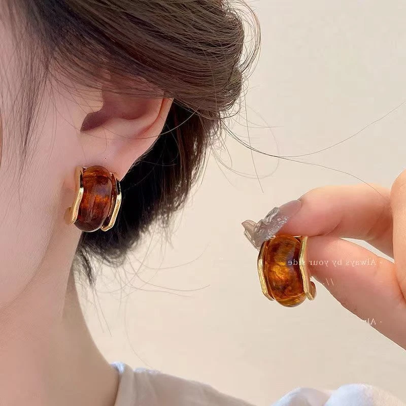 美拉德焦糖色港风复古气质耳环女法式宫廷耳钉小众高级感耳饰女潮