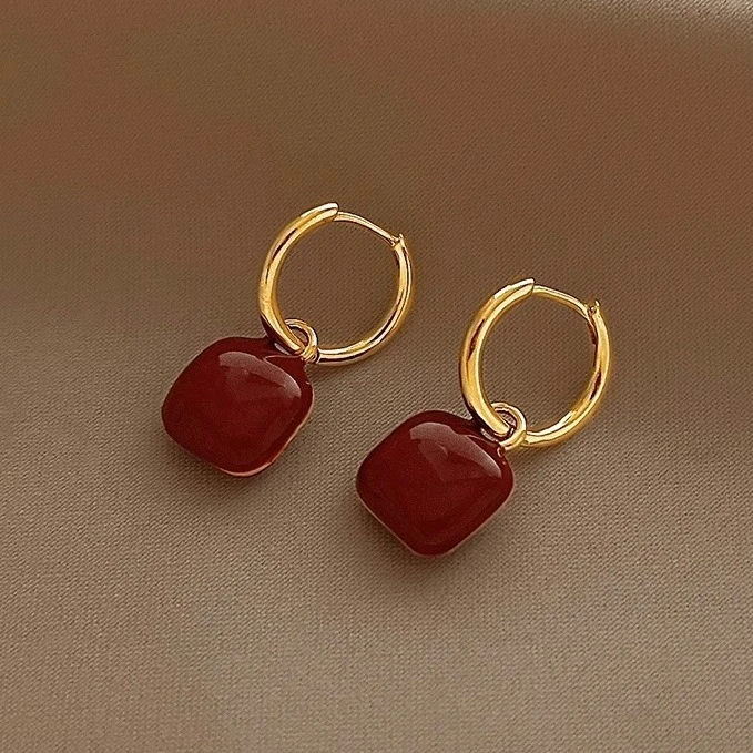 高级感滴釉红色耳扣耳环女2023年新款轻奢气质耳钉小众设计感耳饰