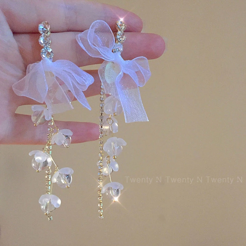 朝露花园 日韩超仙网纱蝴蝶结耳环流苏长款耳饰温柔精致耳坠耳钉