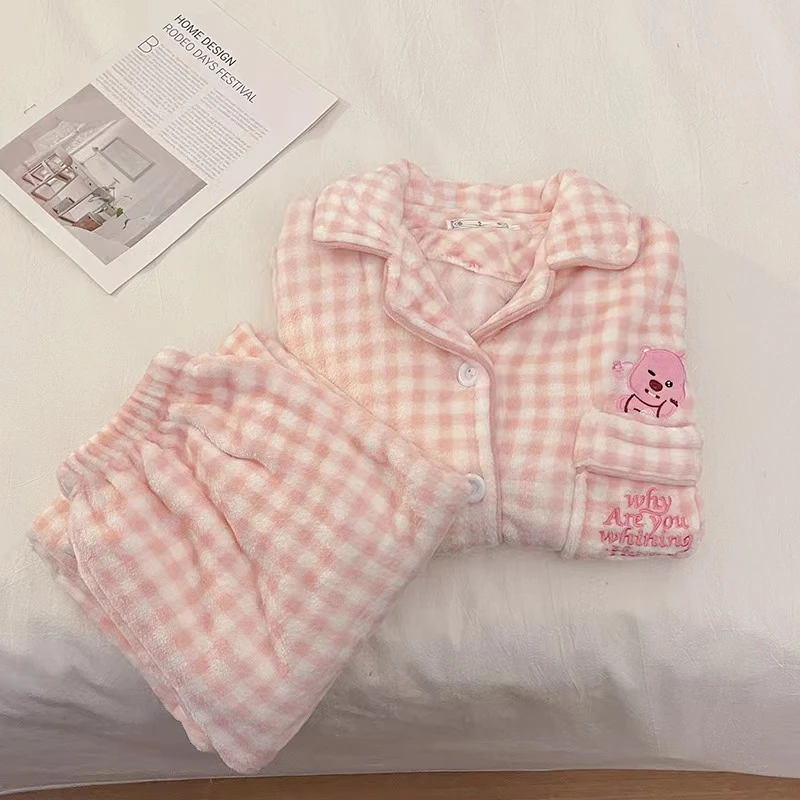 甜美可爱格子睡衣女秋冬季珊瑚绒加厚加绒lopy小海狸法兰绒家居服