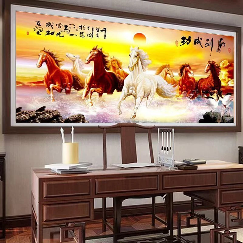 正品蒙娜丽莎皇室十字绣 金色八骏图 马到成功新款大幅风景画线绣