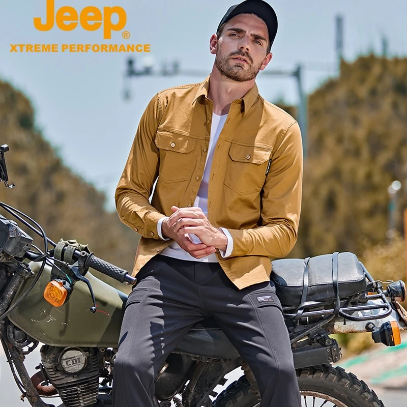 JEEP/吉普户外春夏新款男士工装风防水休闲翻领长袖衬衫弹力衬衣