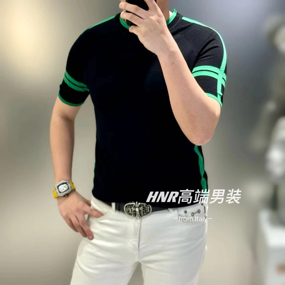 简约条纹拼接新款男士短袖时尚休闲百搭潮流高品质针织T恤6756