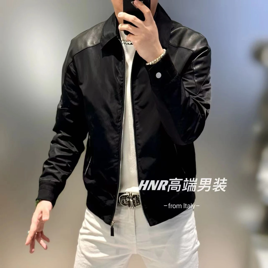 绵羊皮拼接简约纯色2024新款男士秋季时尚百搭休闲薄棉夹克2711