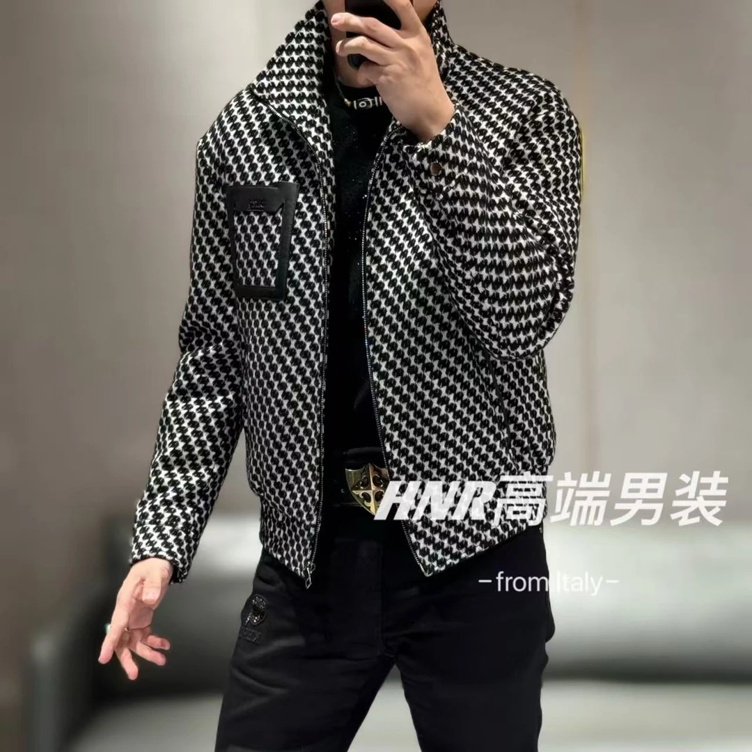 【绵羊皮拼接】波点图案设计感男士休闲鹅绒百搭羽绒服51090