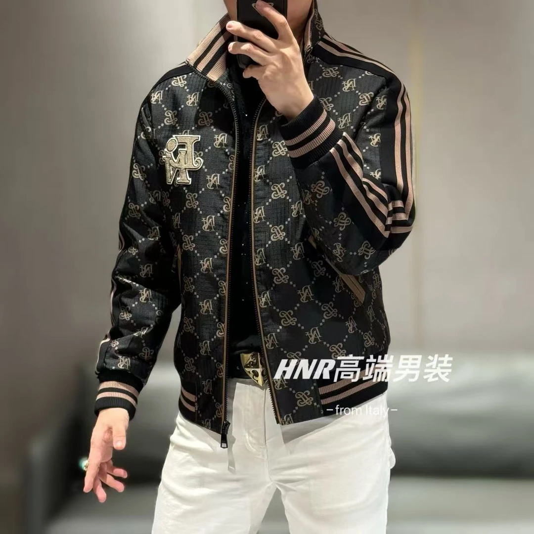 【派克服】满花图案条纹设计高端男士时尚百搭羽绒服7915