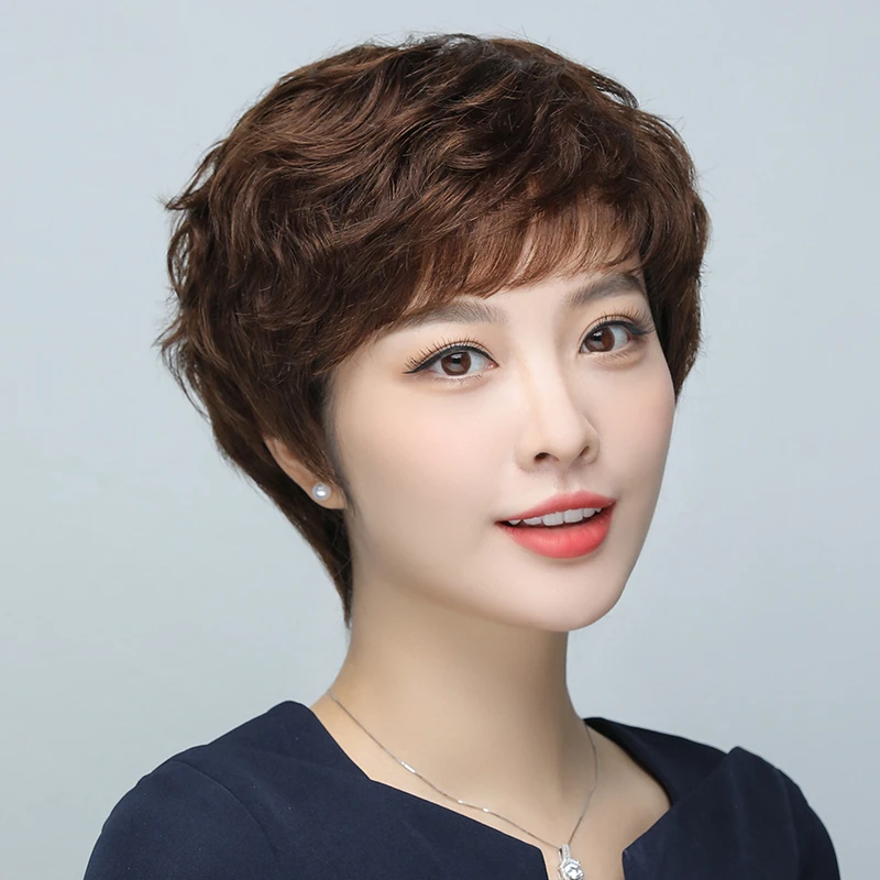 假发女短发短卷发真人发丝发套全头套自然妈妈中老年女士夏季舒适
