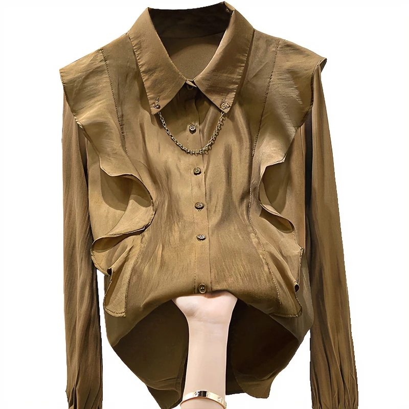 丝柏舍2025夏季新款女荷叶边拼接气质纯色长袖通勤衬衣S23B6295C