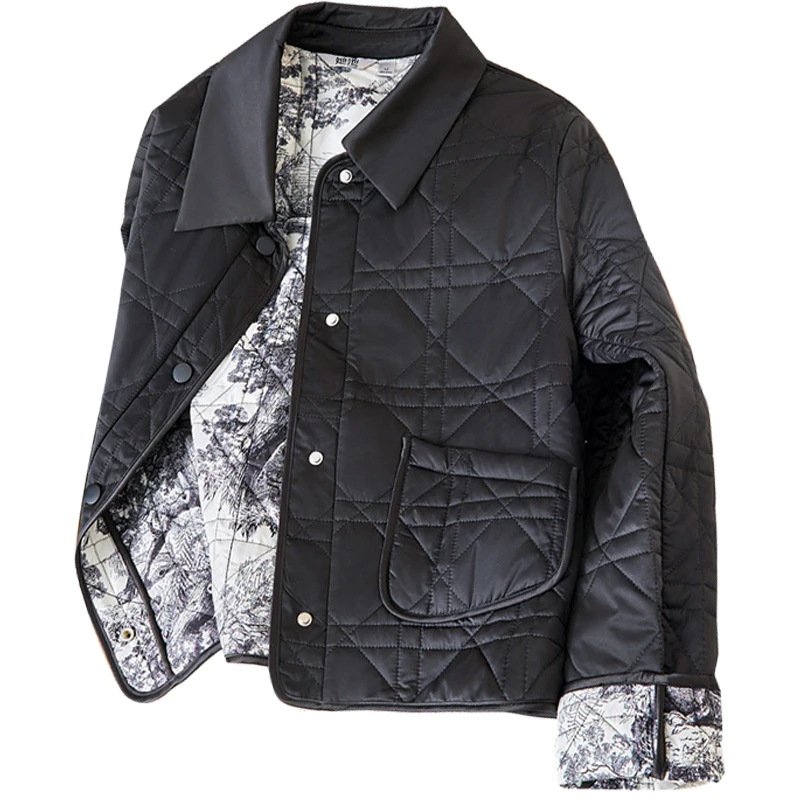 她池2025春新款女装时尚气质单排扣拼接短款宽松棉衣T43B4012H