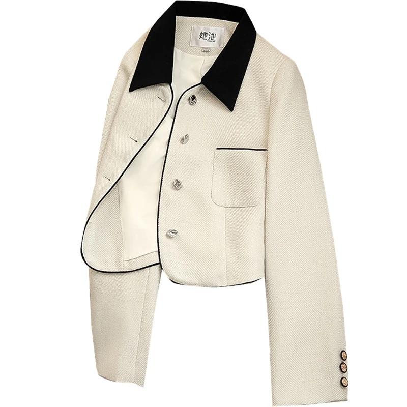 她池欧若风2025冬新款女拼接撞色单排扣小香风翻领外套T43B4505AA