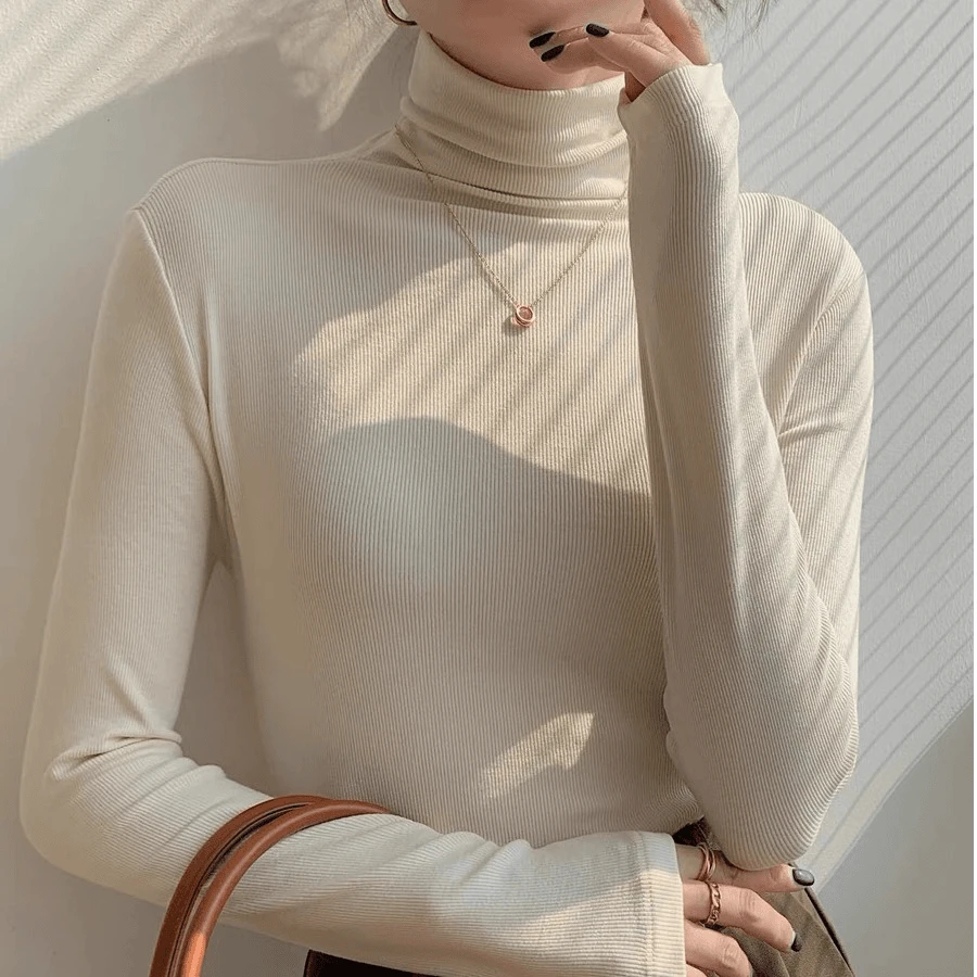加厚磨毛绒螺纹堆堆领T恤洋气打底衫百搭长袖网红洋气炸街女装