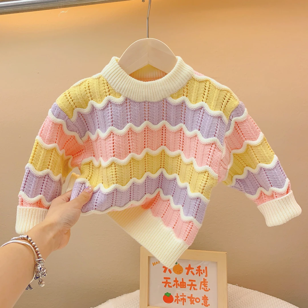 女童彩虹毛衣春季网红洋气中小童秋冬装新款宝宝针织内搭加厚时髦