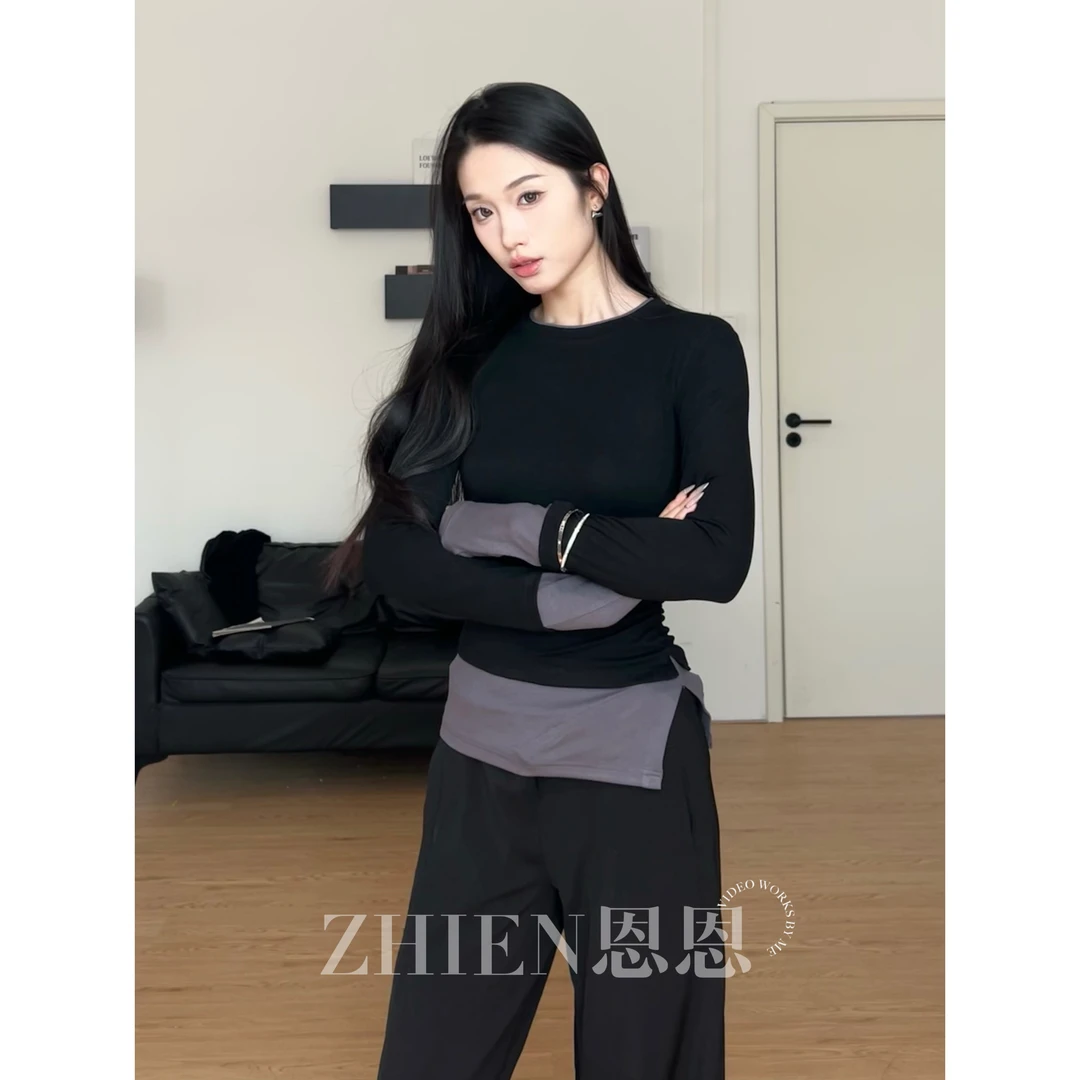 妙前【知恩】撞色拼接长袖T恤女新款修身显瘦甜辣不规则打底上衣