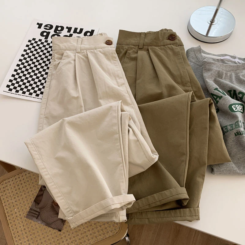 150小个子卡其色八分直筒阔腿工装美式裤女夏装搭配145九分萝卜裤