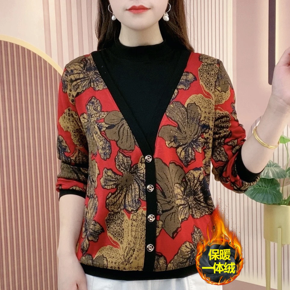 2023秋冬新款加绒上衣妈妈装加厚长袖T恤百搭显瘦假两件打底衫