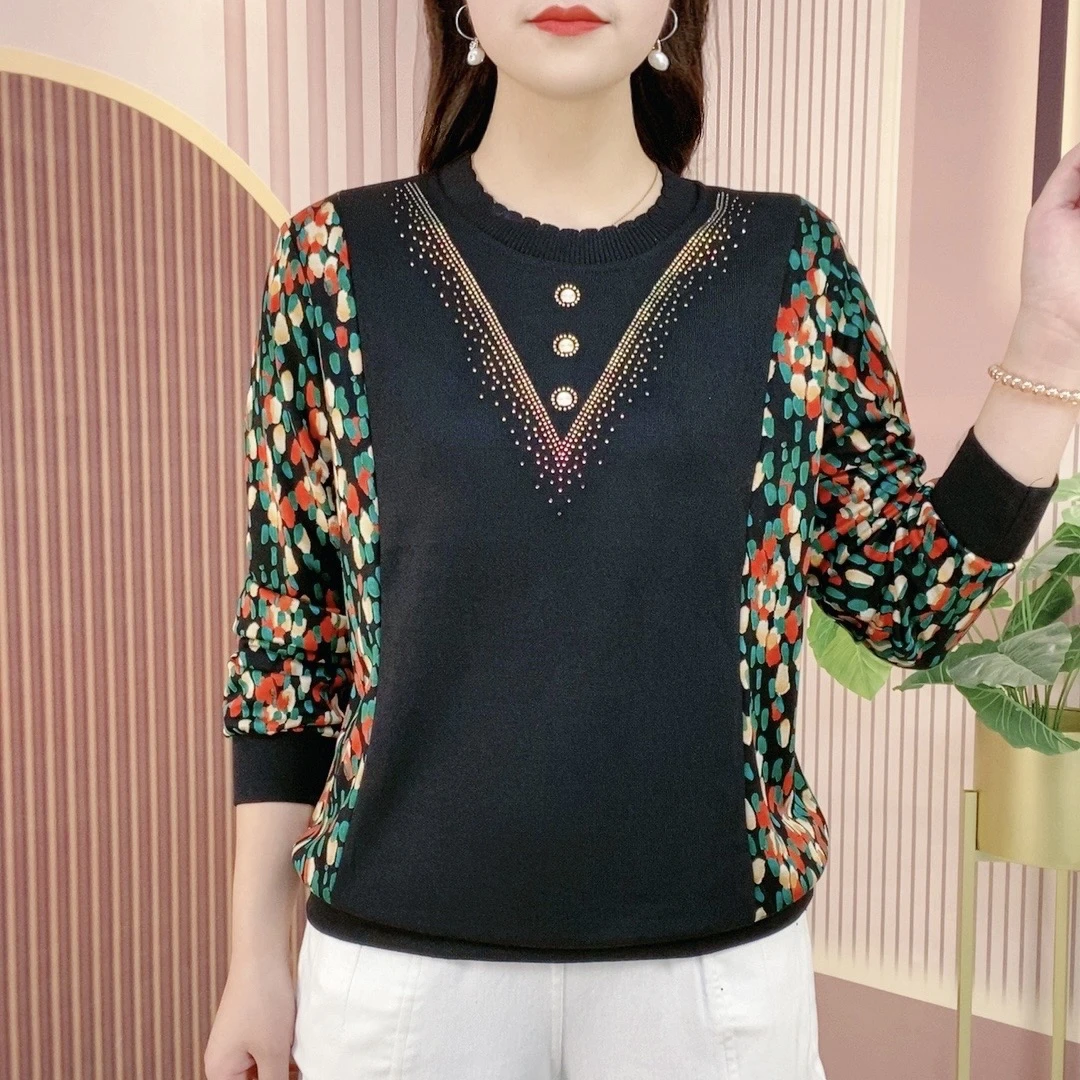 秋季新款显瘦圆领打底衫时尚百搭春秋长袖上衣烫钻拼接小衫洋气