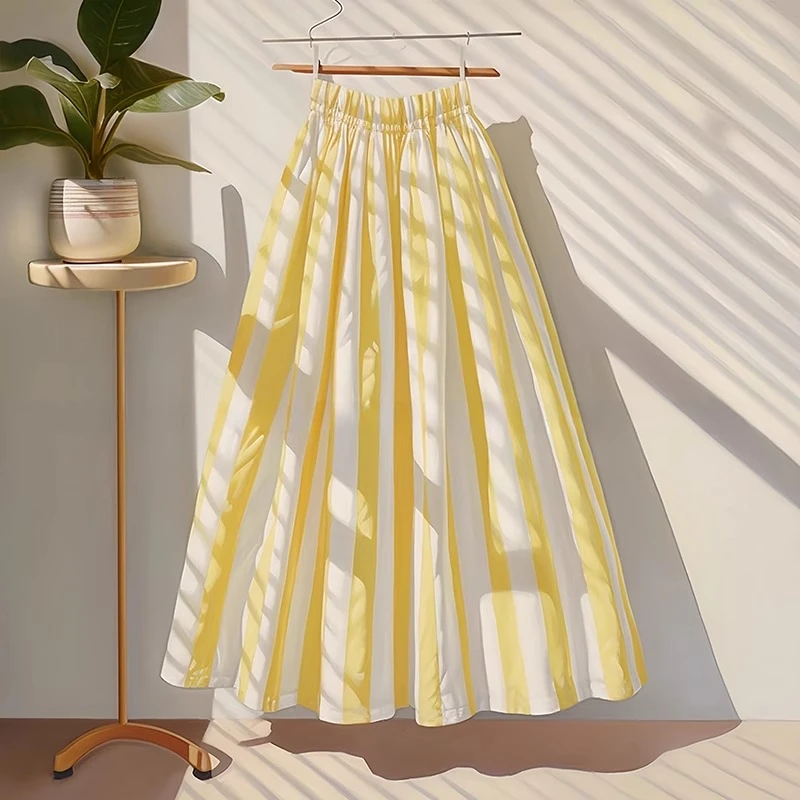 多巴胺超仙气甜美风透气A字半身裙小个子高腰显瘦黄色条纹女夏季