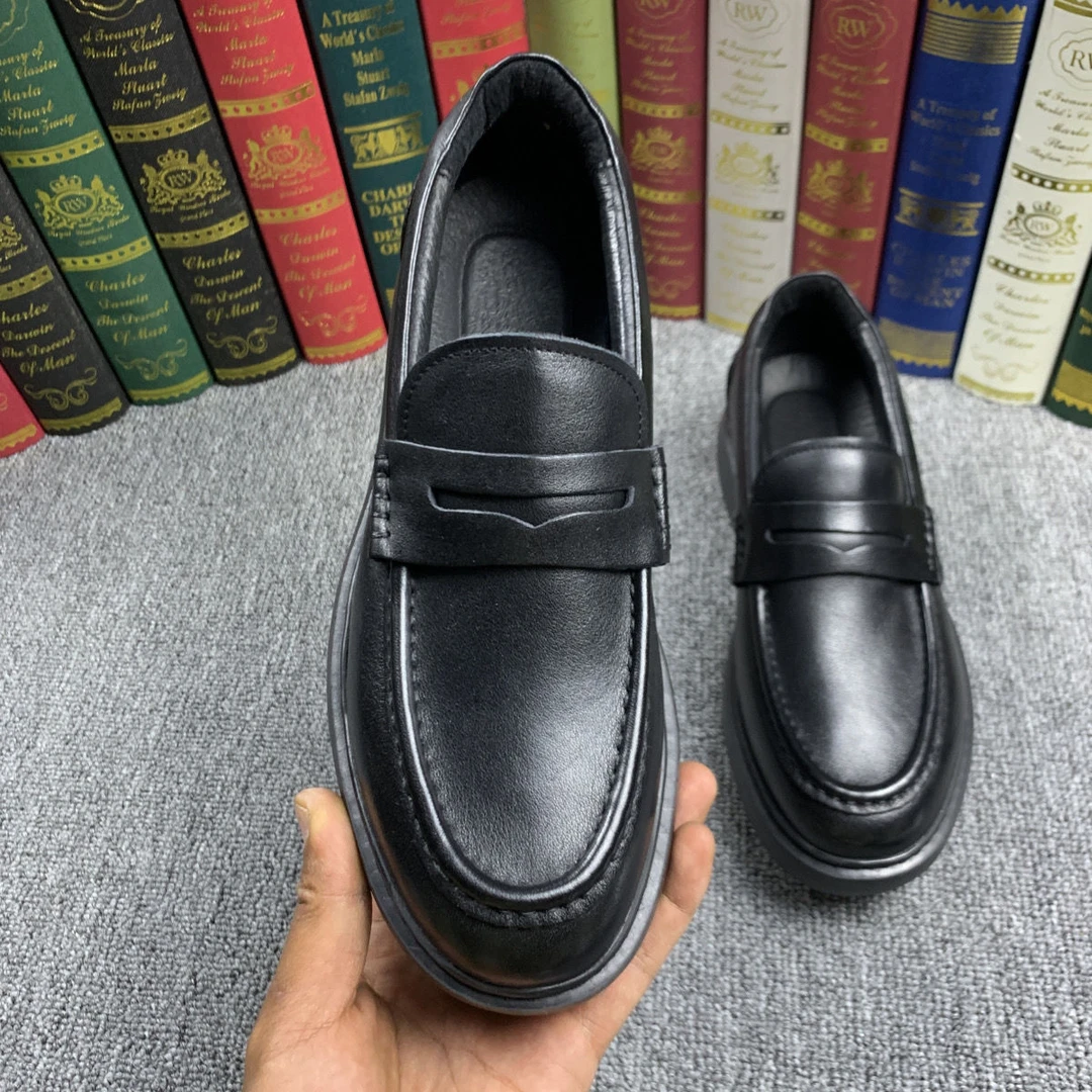 休闲男皮鞋天王款套脚鞋轻便厚底增高松糕牛皮鞋一脚蹬乐福鞋真皮